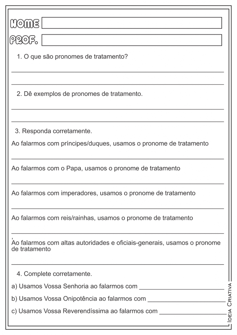 Atividades Pronomes De Tratamento E Pessoais