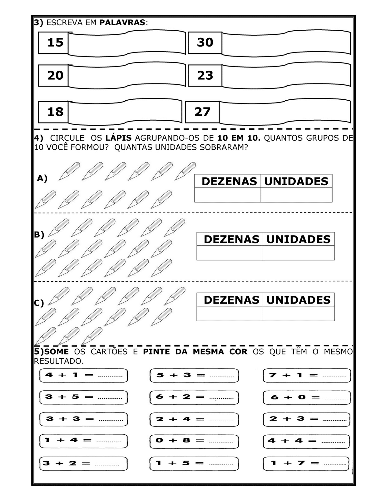 Avaliação de matemática 1º Ano EF - 3º bimestre