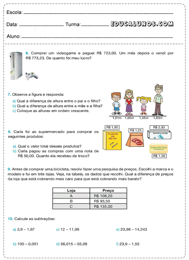 Atividades De Matemática Para 6º Ano - Clickandgo