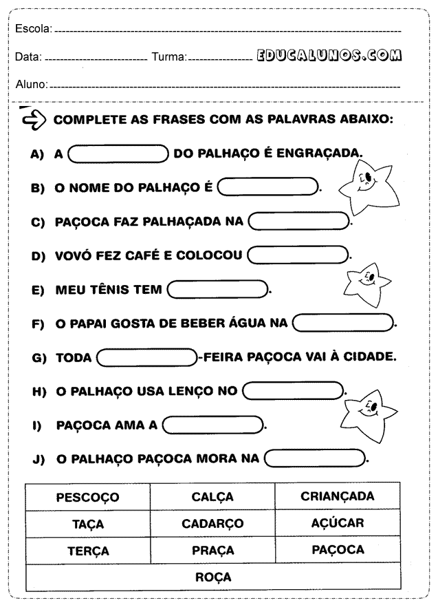 Exercícios língua portuguesa 1 ano