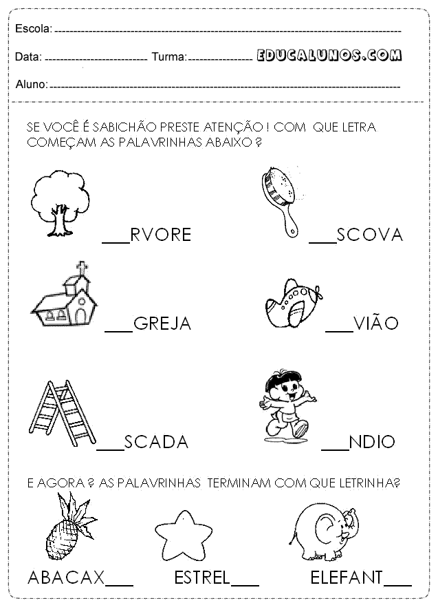 Atividade de português 1 ano com vogais