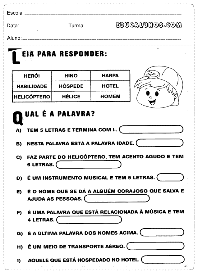 Exercícios de língua portuguesa 1 ano