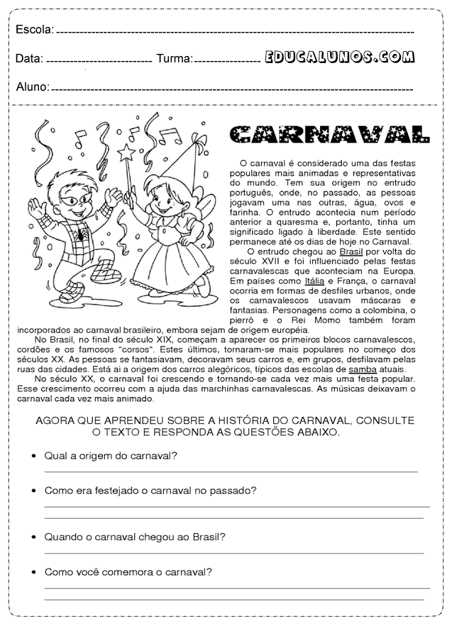 Atividade de carnaval para imprimir