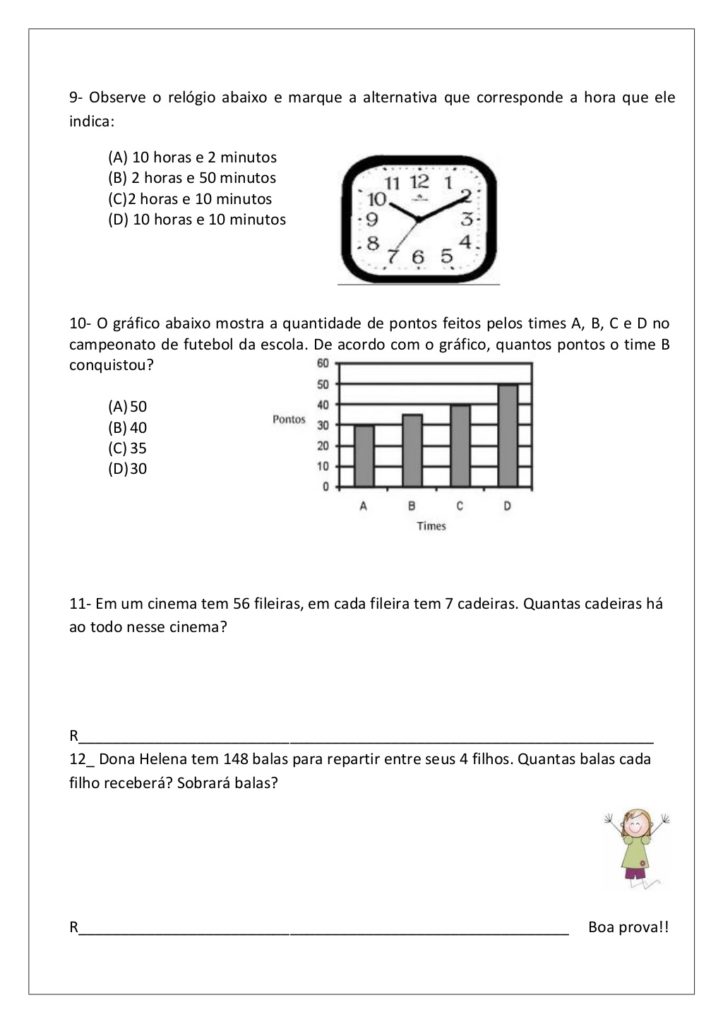 Atividade de Matemática 4° Ano Questões de Múltipla Escolha com