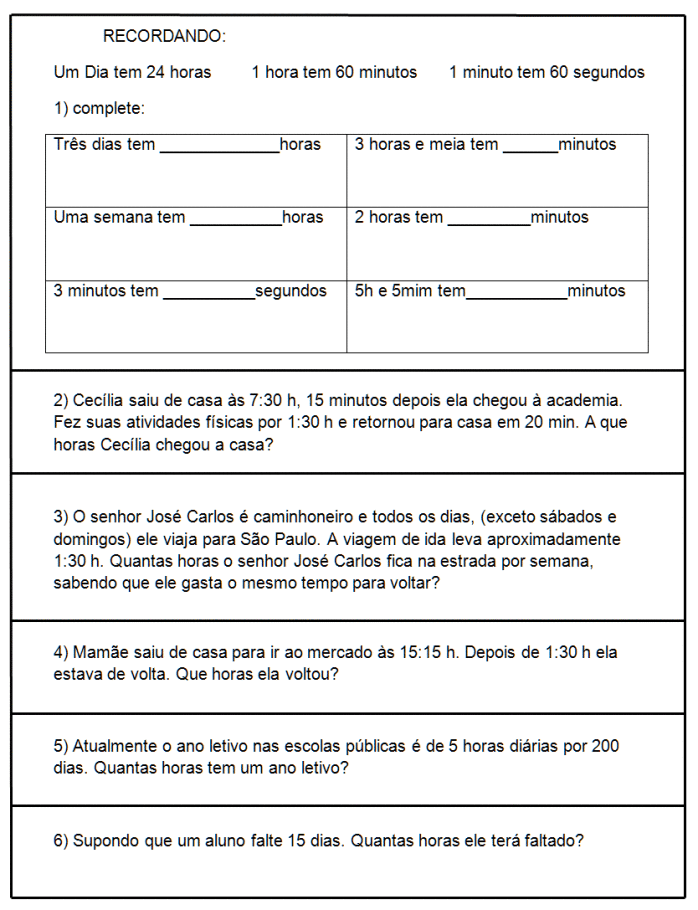 Atividade de matemática: Hora, minutos e segundos - 3º ou 4º ano - Acessaber