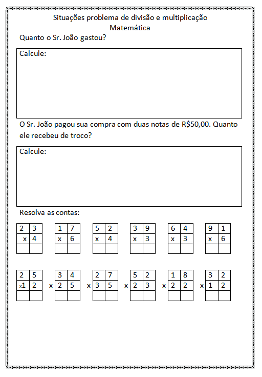 Atividades de Multiplicação e Divisão para 4º Ano