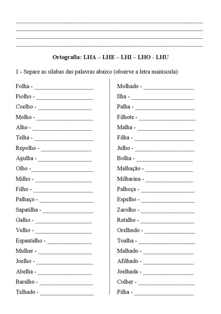 ATIVIDADES DE ORTOGRAFIA COM PALAVRAS COM L E LH