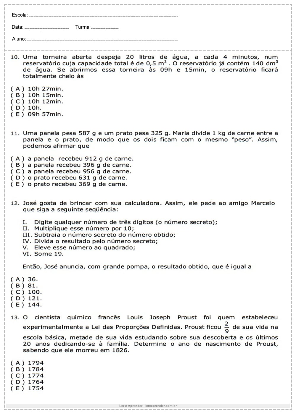 Atividades De Problemas Matematicos Do 6Âº Ano