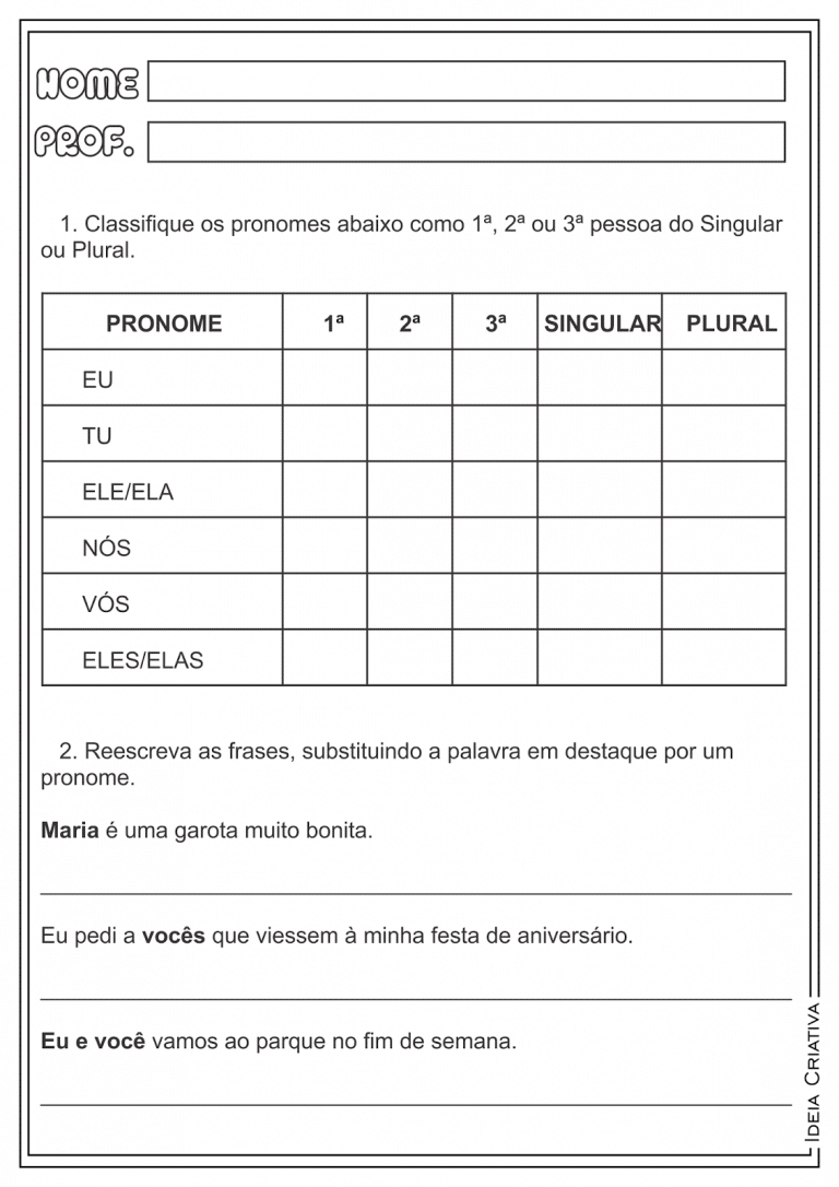 DICAS DE ATIVIDADES SOBRE PRONOME PESSOAL