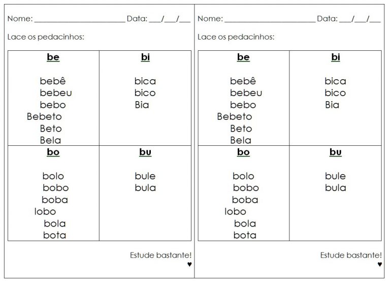 Atividades Com A Família Silábica Do B - BA BE BI BO BU