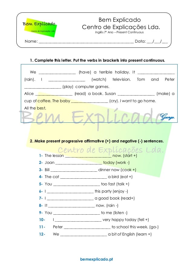 Atividade de inglês: Present Continuous Tense - 7º ano - Acessaber